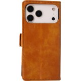 iPhone 17 Pro Leder Tasche - Flip Wallet Echtleder mit Akzentstreifen & Kartenhalter - Hellbraun