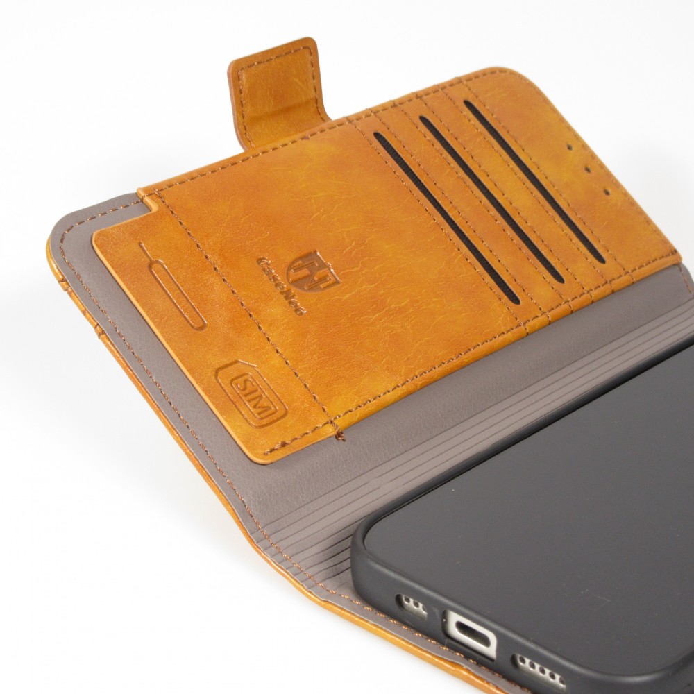 iPhone 17 Pro Leder Tasche - Flip Wallet Echtleder mit Akzentstreifen & Kartenhalter - Hellbraun