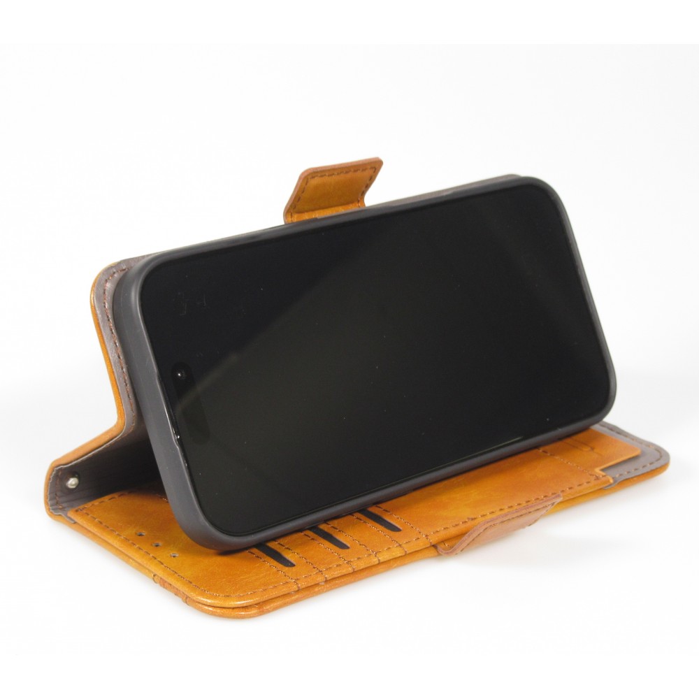 iPhone 17 Pro Leder Tasche - Flip Wallet Echtleder mit Akzentstreifen & Kartenhalter - Hellbraun