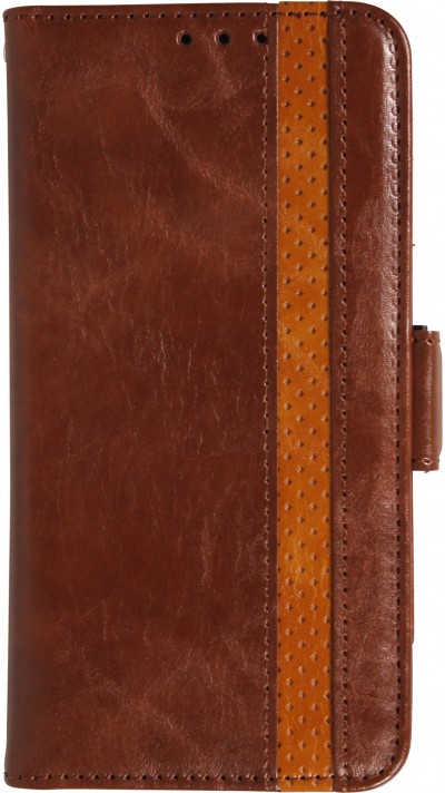 iPhone 17 Pro Max Leder Tasche - Flip Wallet Echtleder mit Akzentstreifen & Kartenhalter - Dunkel- Braun