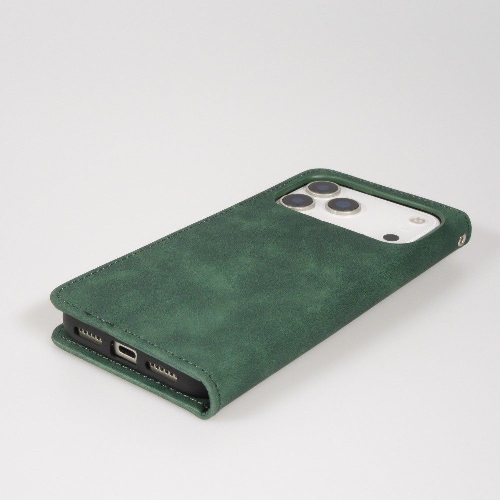 Leder Tasche Case iPhone 17 Pro Max - Flip Wallet vintage mit Magnetverschluss und Kartenhalter - Dunkelgrün