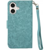 iPhone 16 Case H&uuml;lle - Flip Kartenetui Blumenmuster mit Lanyard - Dunkelblau