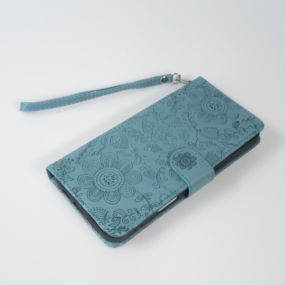iPhone 16 Case H&uuml;lle - Flip Kartenetui Blumenmuster mit Lanyard - Dunkelblau