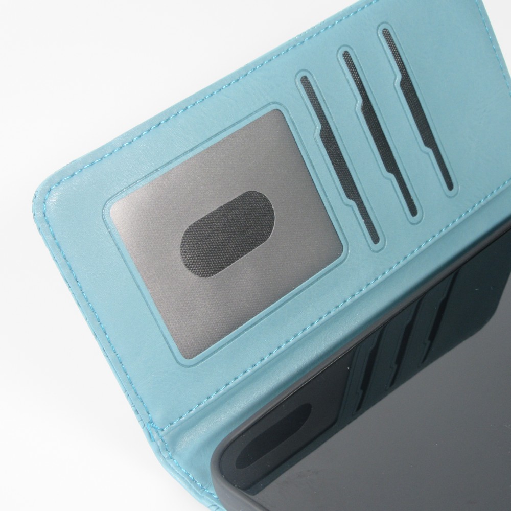 iPhone 16 Case H&uuml;lle - Flip Kartenetui Blumenmuster mit Lanyard - Dunkelblau