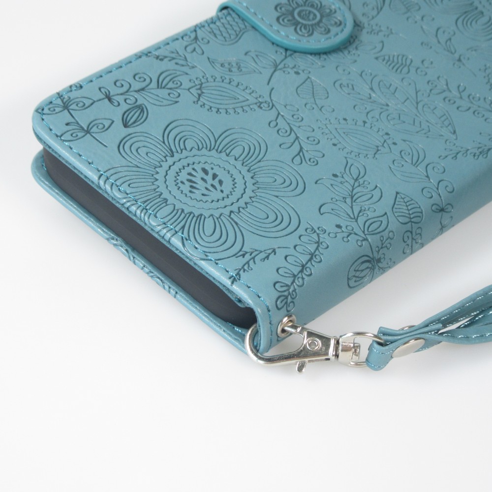 iPhone 16 Case H&uuml;lle - Flip Kartenetui Blumenmuster mit Lanyard - Dunkelblau