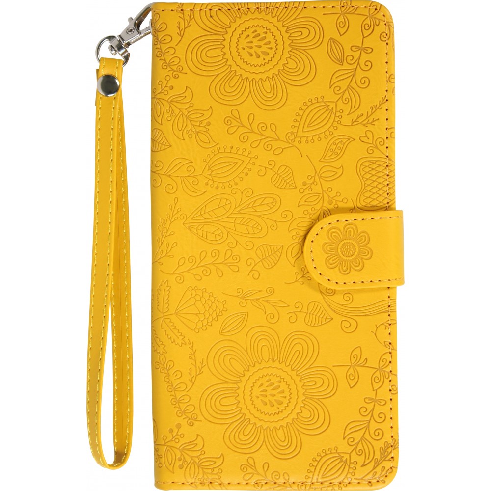 iPhone 16 Case H&uuml;lle - Flip Kartenetui Blumenmuster mit Lanyard - Gelb