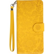 iPhone 16 Case H&uuml;lle - Flip Kartenetui Blumenmuster mit Lanyard - Gelb