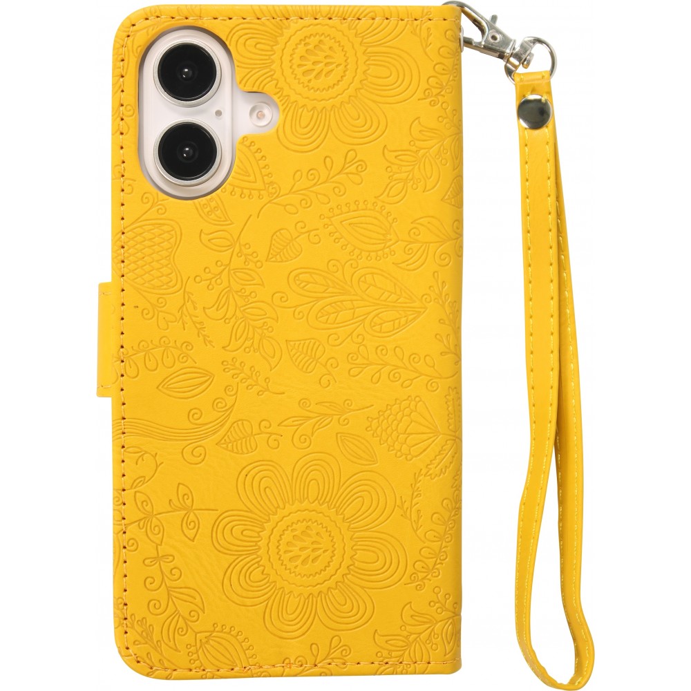 iPhone 16 Case H&uuml;lle - Flip Kartenetui Blumenmuster mit Lanyard - Gelb