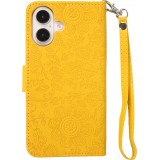iPhone 16 Case H&uuml;lle - Flip Kartenetui Blumenmuster mit Lanyard - Gelb