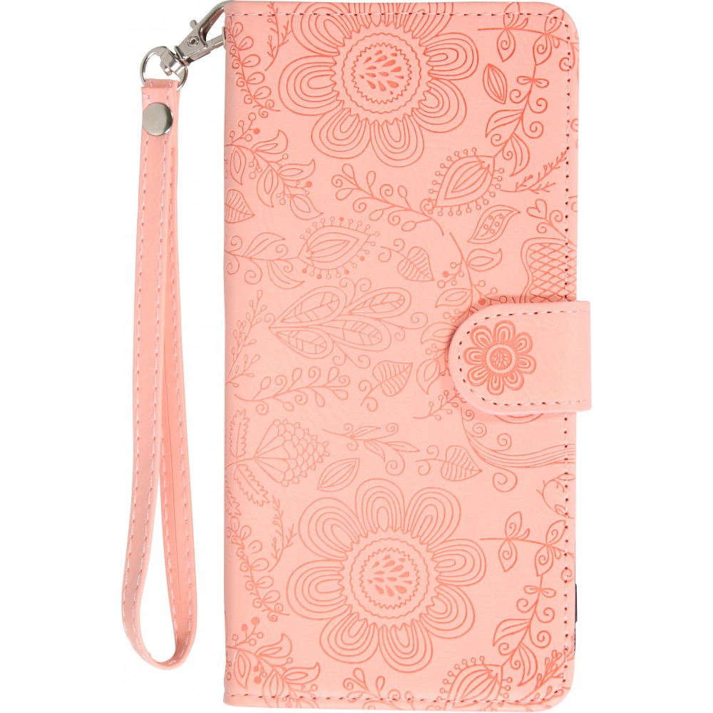 iPhone 16 Case H&uuml;lle - Flip Kartenetui Blumenmuster mit Lanyard - Rosa