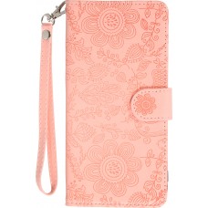 iPhone 16 Case H&uuml;lle - Flip Kartenetui Blumenmuster mit Lanyard - Rosa