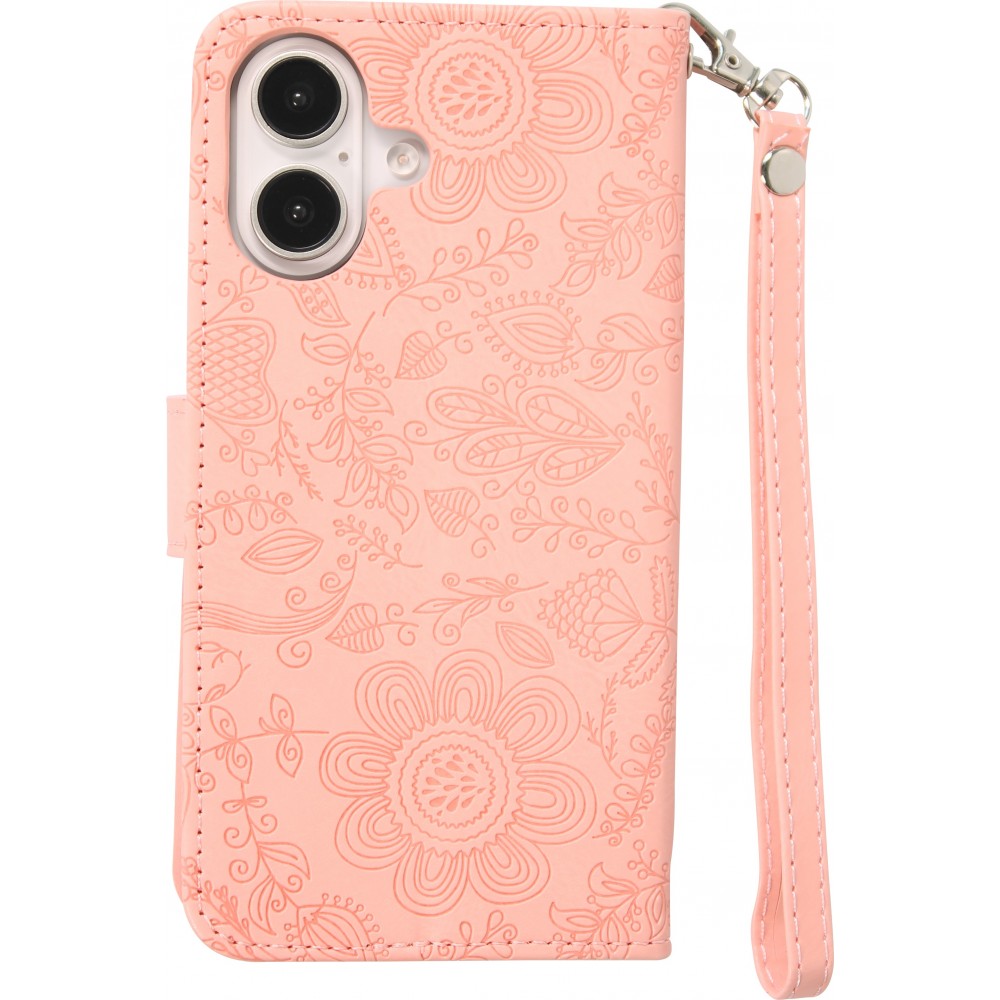 iPhone 16 Case H&uuml;lle - Flip Kartenetui Blumenmuster mit Lanyard - Rosa