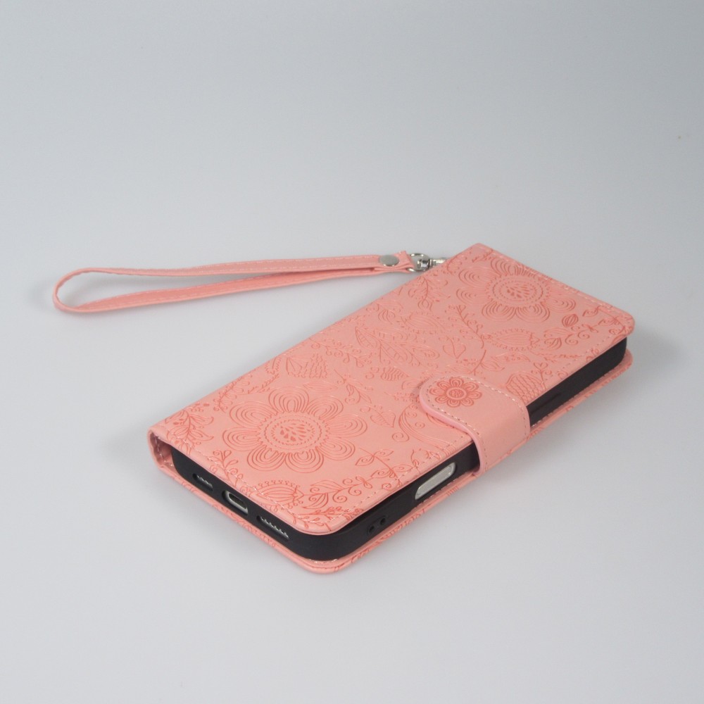 iPhone 16 Case H&uuml;lle - Flip Kartenetui Blumenmuster mit Lanyard - Rosa