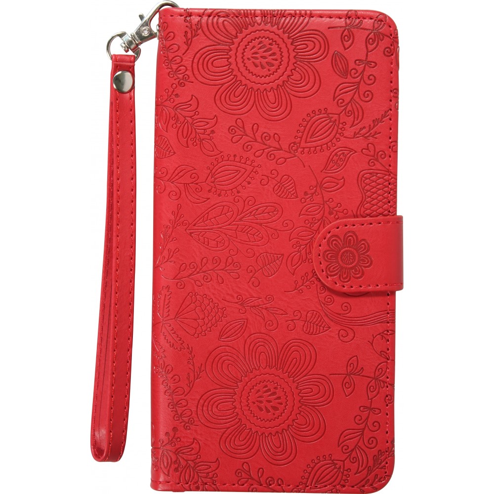 iPhone 16 Case H&uuml;lle - Flip Kartenetui Blumenmuster mit Lanyard - Rot