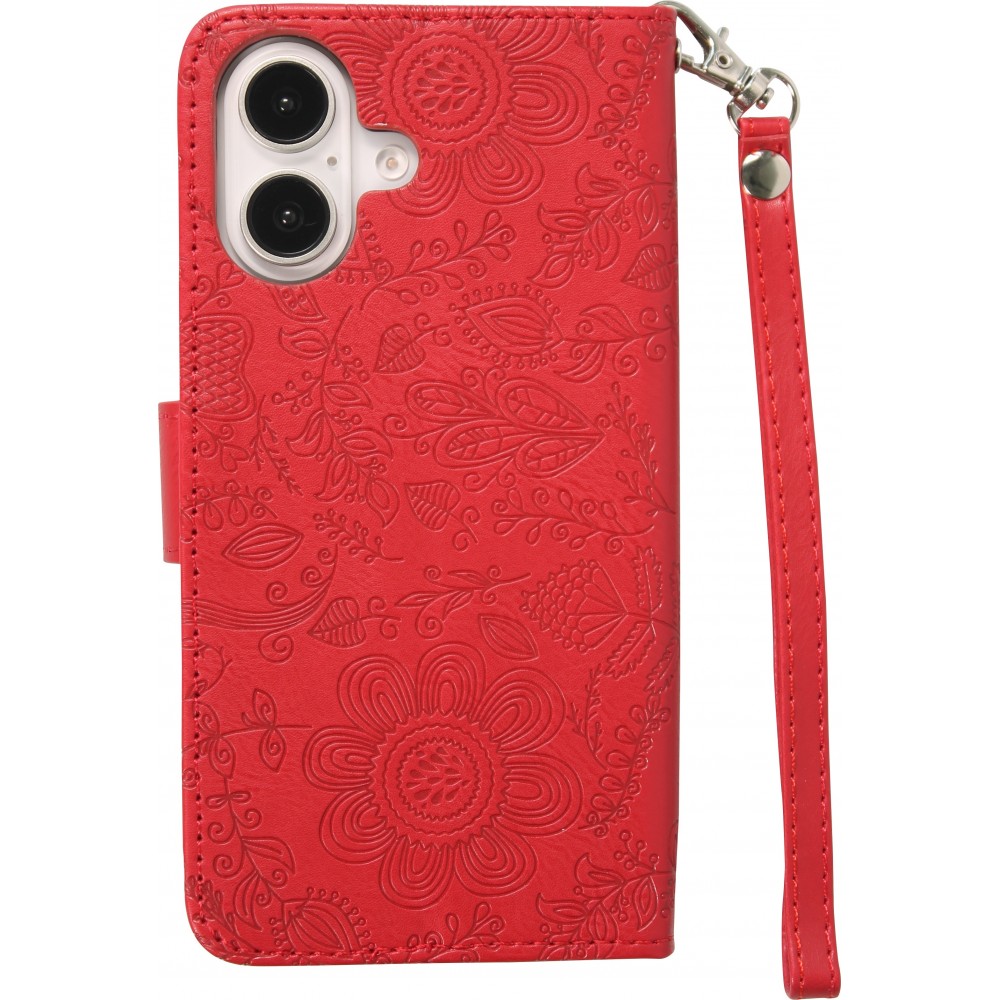 iPhone 16 Case H&uuml;lle - Flip Kartenetui Blumenmuster mit Lanyard - Rot