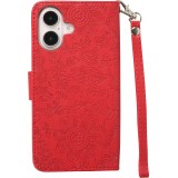 iPhone 16 Case H&uuml;lle - Flip Kartenetui Blumenmuster mit Lanyard - Rot
