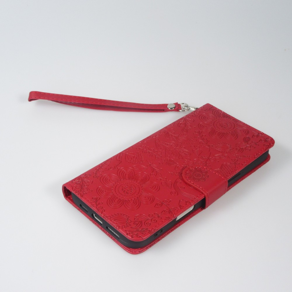 iPhone 16 Case H&uuml;lle - Flip Kartenetui Blumenmuster mit Lanyard - Rot