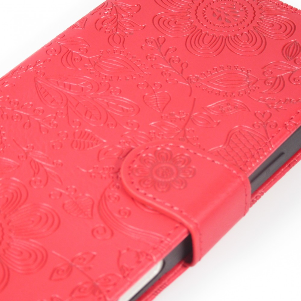 iPhone 16 Case H&uuml;lle - Flip Kartenetui Blumenmuster mit Lanyard - Rot