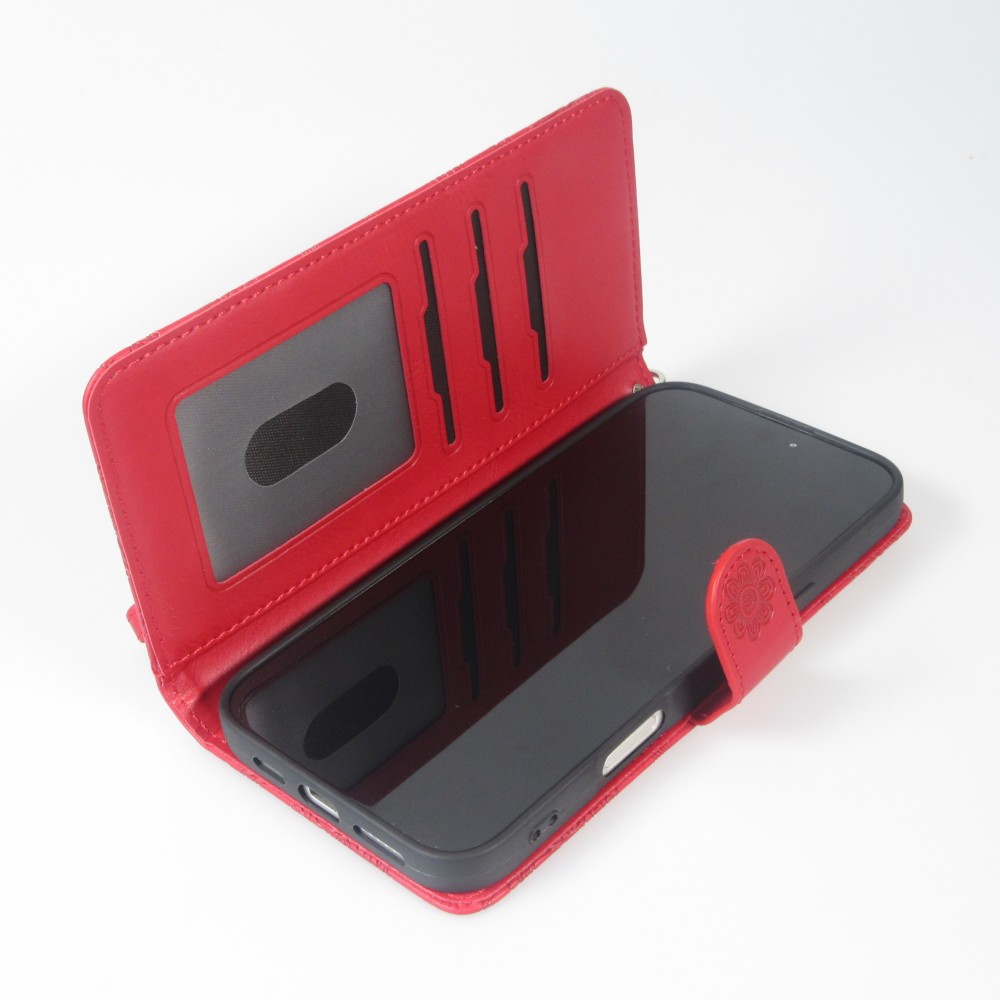 iPhone 16 Case H&uuml;lle - Flip Kartenetui Blumenmuster mit Lanyard - Rot