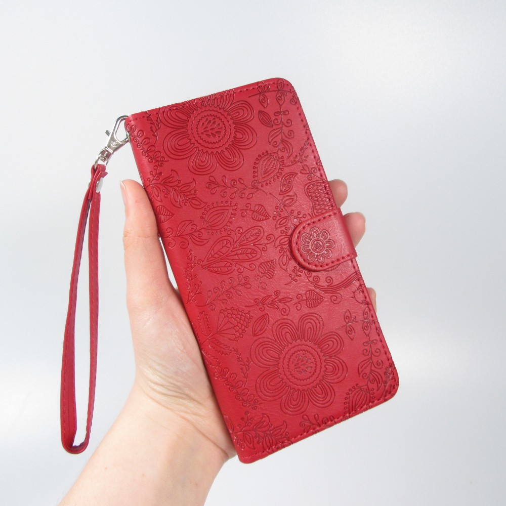 iPhone 16 Case H&uuml;lle - Flip Kartenetui Blumenmuster mit Lanyard - Rot