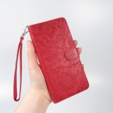 iPhone 16 Case H&uuml;lle - Flip Kartenetui Blumenmuster mit Lanyard - Rot