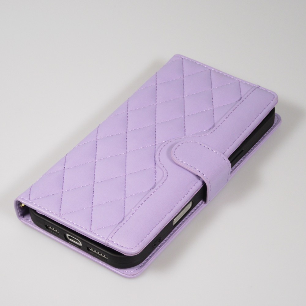 iPhone 16 Pro Case H&uuml;lle - Elegante Flip-Matratze mit Magnetverschluss Trageschlaufe und Kartenf&auml;chern - Hellviolett