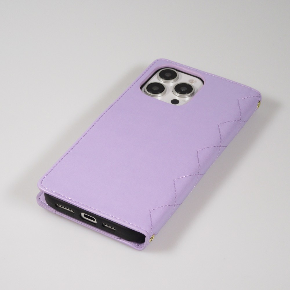 iPhone 16 Pro Case H&uuml;lle - Elegante Flip-Matratze mit Magnetverschluss Trageschlaufe und Kartenf&auml;chern - Hellviolett