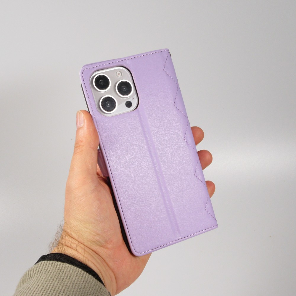 iPhone 16 Pro Case H&uuml;lle - Elegante Flip-Matratze mit Magnetverschluss Trageschlaufe und Kartenf&auml;chern - Hellviolett