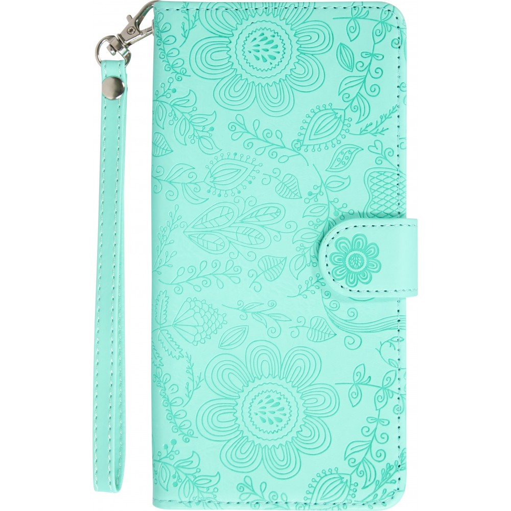 iPhone 16 Pro Case Hülle - Flip Kartenetui Blumenmuster mit Lanyard - Hellblau