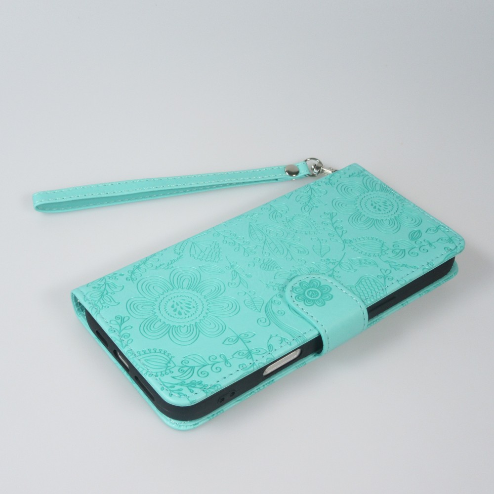 iPhone 16 Pro Case Hülle - Flip Kartenetui Blumenmuster mit Lanyard - Hellblau