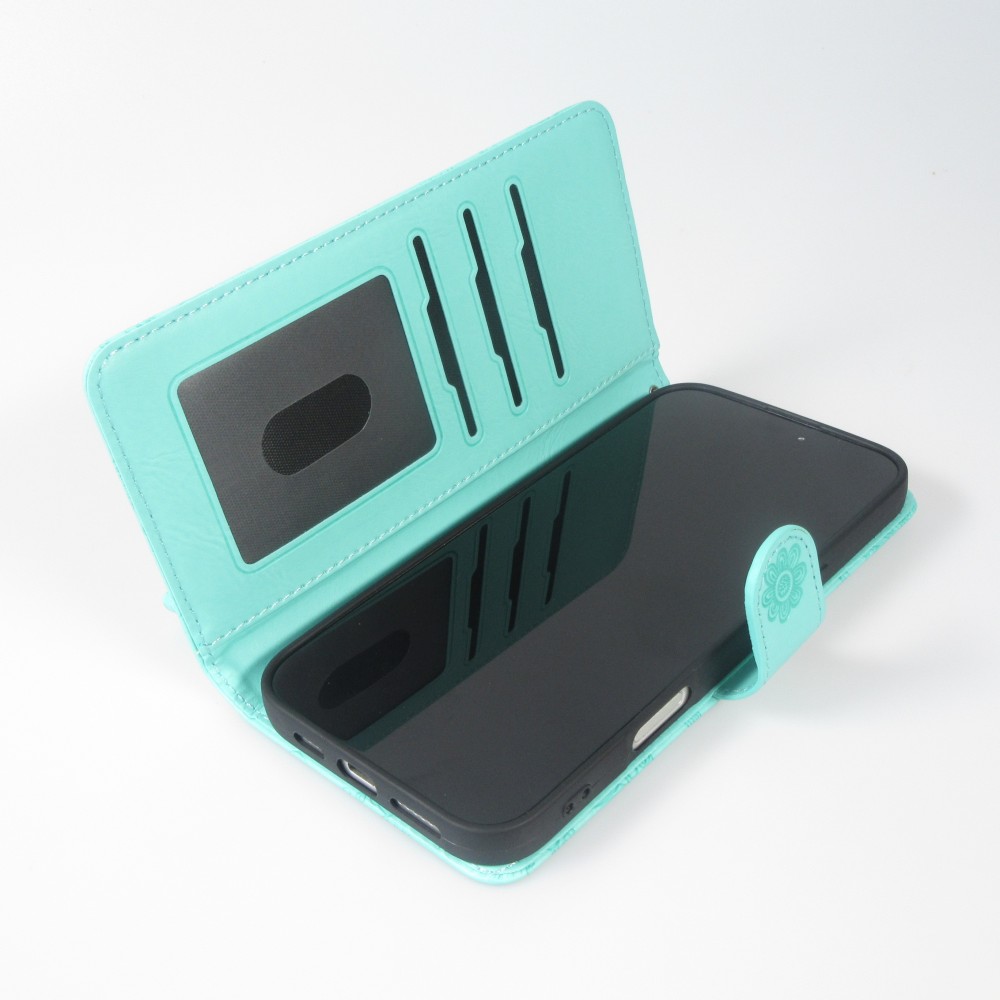 iPhone 16 Pro Case Hülle - Flip Kartenetui Blumenmuster mit Lanyard - Hellblau