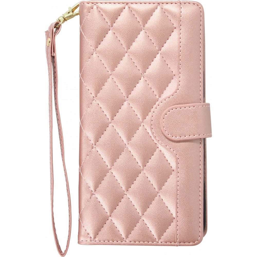 iPhone 16 Pro Max Case Hülle - Elegante Flip-Matratze mit Magnetverschluss Trageschlaufe und Kartenfächern - Rosa gold