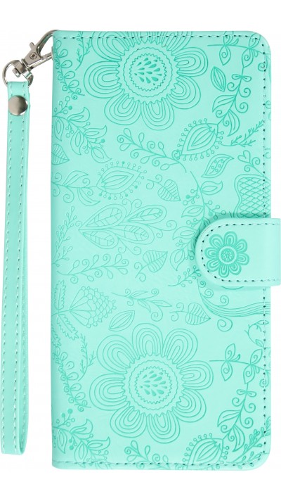 iPhone 16 Pro Max Case Hülle - Flip Kartenetui Blumenmuster mit Lanyard - Hellblau