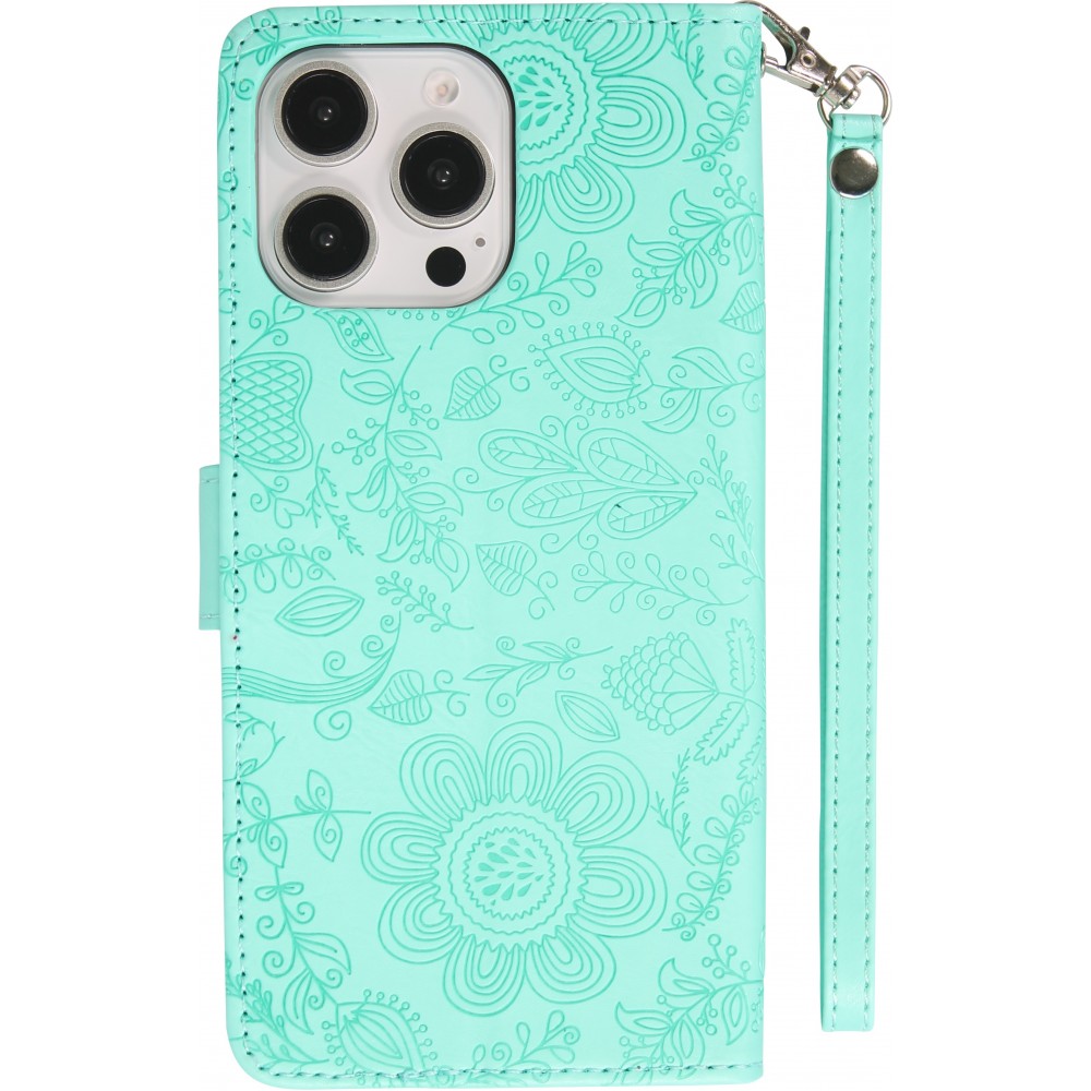 iPhone 16 Pro Max Case Hülle - Flip Kartenetui Blumenmuster mit Lanyard - Hellblau