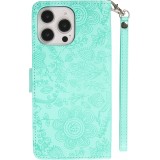 iPhone 16 Pro Max Case Hülle - Flip Kartenetui Blumenmuster mit Lanyard - Hellblau