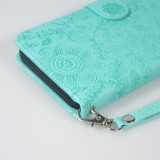 iPhone 16 Pro Max Case Hülle - Flip Kartenetui Blumenmuster mit Lanyard - Hellblau