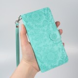 iPhone 16 Pro Max Case Hülle - Flip Kartenetui Blumenmuster mit Lanyard - Hellblau