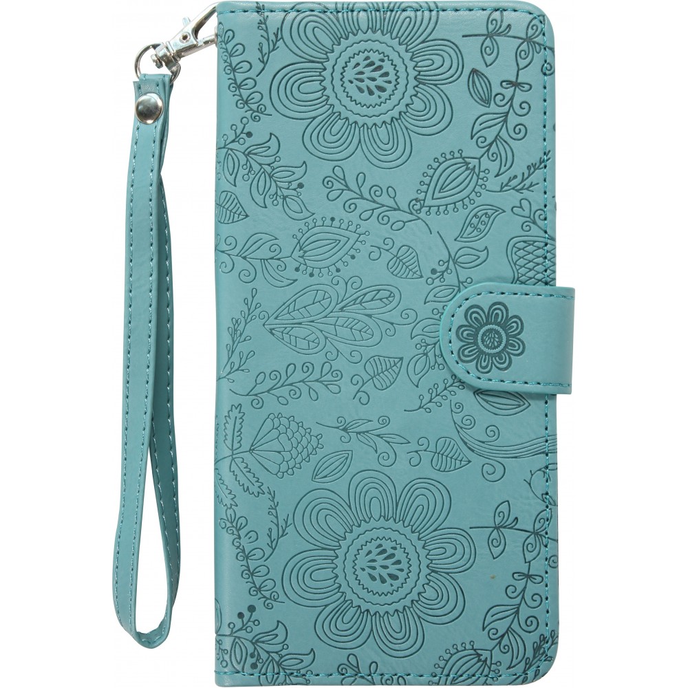 iPhone 16 Pro Max Case H&uuml;lle - Flip Kartenetui Blumenmuster mit Lanyard - Dunkelblau