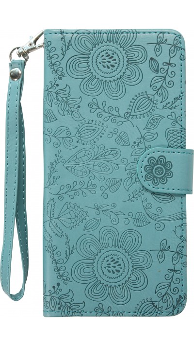 iPhone 16 Pro Max Case Hülle - Flip Kartenetui Blumenmuster mit Lanyard - Dunkelblau