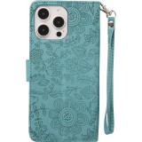 iPhone 16 Pro Max Case H&uuml;lle - Flip Kartenetui Blumenmuster mit Lanyard - Dunkelblau
