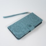 iPhone 16 Pro Max Case H&uuml;lle - Flip Kartenetui Blumenmuster mit Lanyard - Dunkelblau