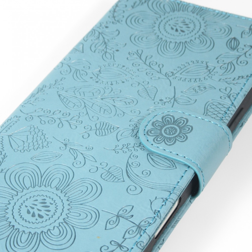 iPhone 16 Pro Max Case H&uuml;lle - Flip Kartenetui Blumenmuster mit Lanyard - Dunkelblau