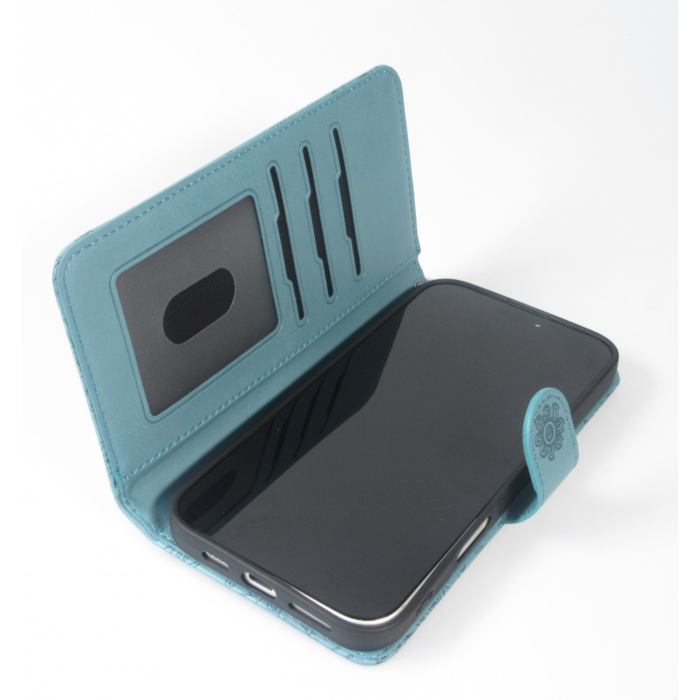 iPhone 16 Pro Max Case H&uuml;lle - Flip Kartenetui Blumenmuster mit Lanyard - Dunkelblau