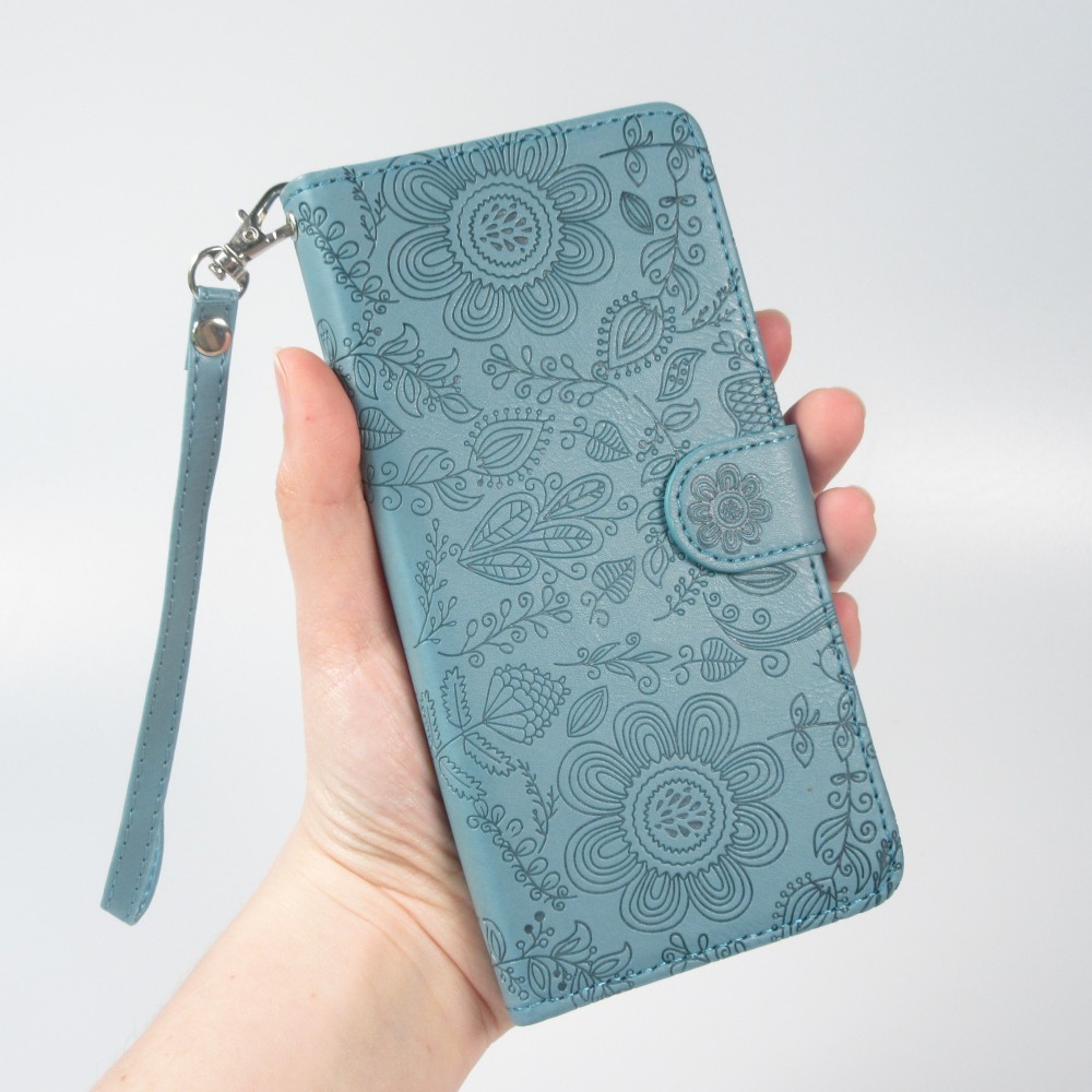 iPhone 16 Pro Max Case H&uuml;lle - Flip Kartenetui Blumenmuster mit Lanyard - Dunkelblau