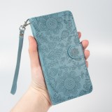 iPhone 16 Pro Max Case H&uuml;lle - Flip Kartenetui Blumenmuster mit Lanyard - Dunkelblau