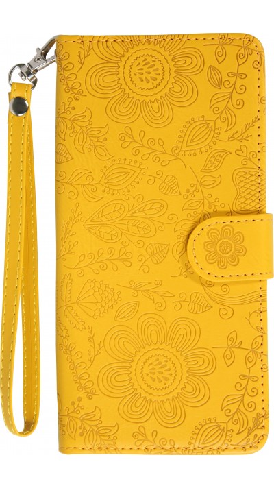 iPhone 16 Pro Max Case Hülle - Flip Kartenetui Blumenmuster mit Lanyard - Gelb