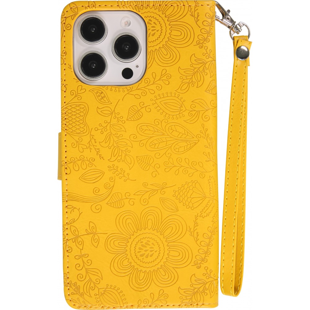 iPhone 16 Pro Max Case H&uuml;lle - Flip Kartenetui Blumenmuster mit Lanyard - Gelb