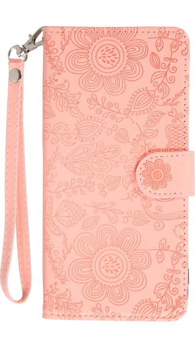 iPhone 16 Pro Max Case Hülle - Flip Kartenetui Blumenmuster mit Lanyard - Rosa