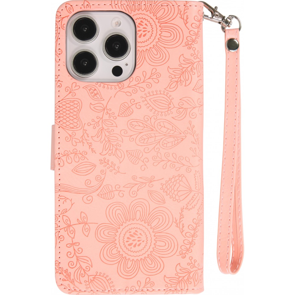 iPhone 16 Pro Max Case H&uuml;lle - Flip Kartenetui Blumenmuster mit Lanyard - Rosa