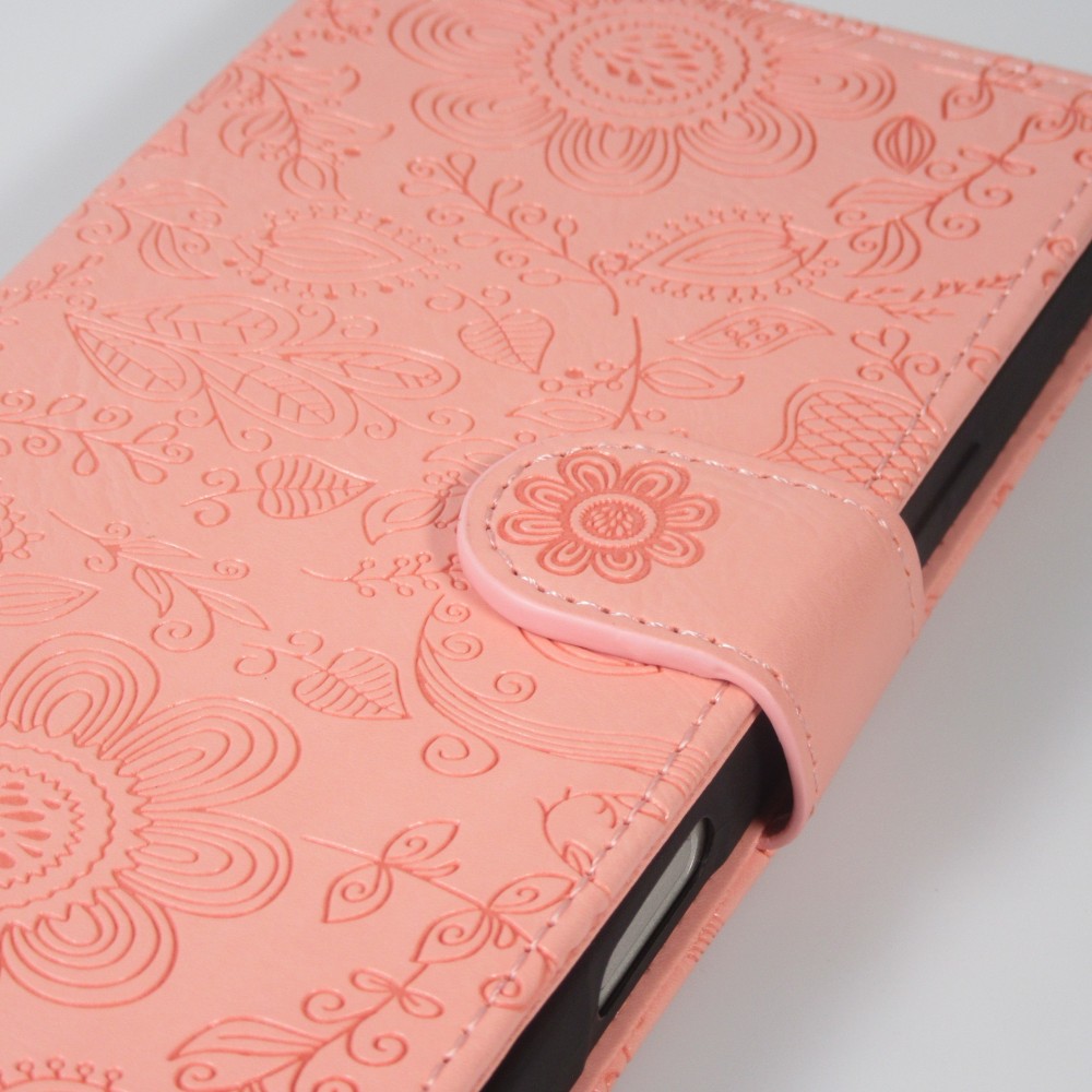 iPhone 16 Pro Max Case H&uuml;lle - Flip Kartenetui Blumenmuster mit Lanyard - Rosa
